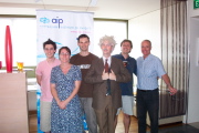 The debaters, organiser, subject, and moderator. (L to R: Matt Smith [D], Kate Wilson [D], Damian Pope [O], Albert Einstein [S], Andrew White [D], Robyn Williams [M]).